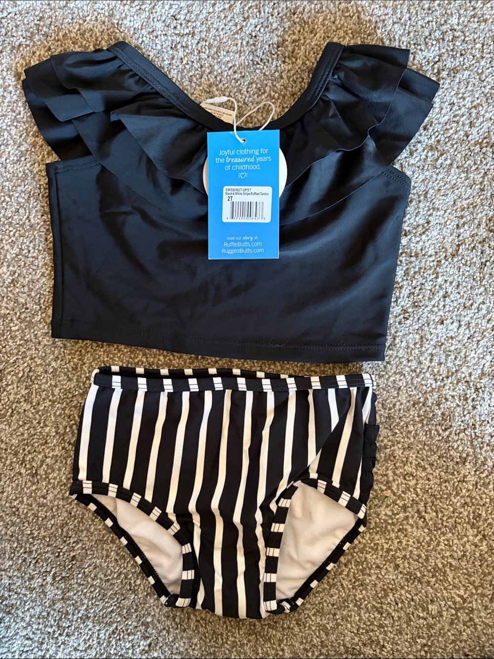 Ruffle Butts 2T Girls Black Ruffle Top with Black & White Striped Bottoms